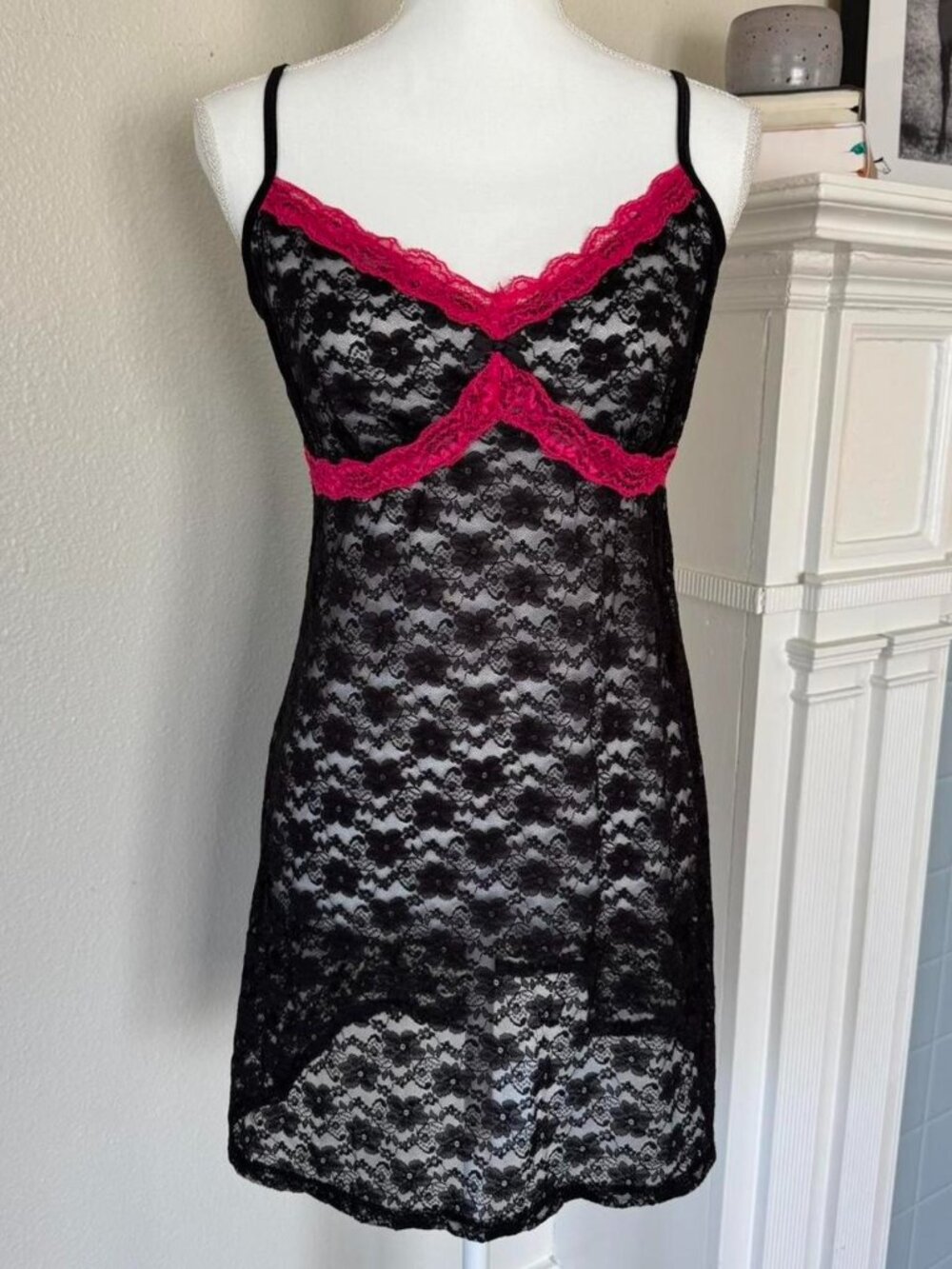 Sheer Black Lace Babydoll Slip Dress | Size L Pink Trim Nightgown